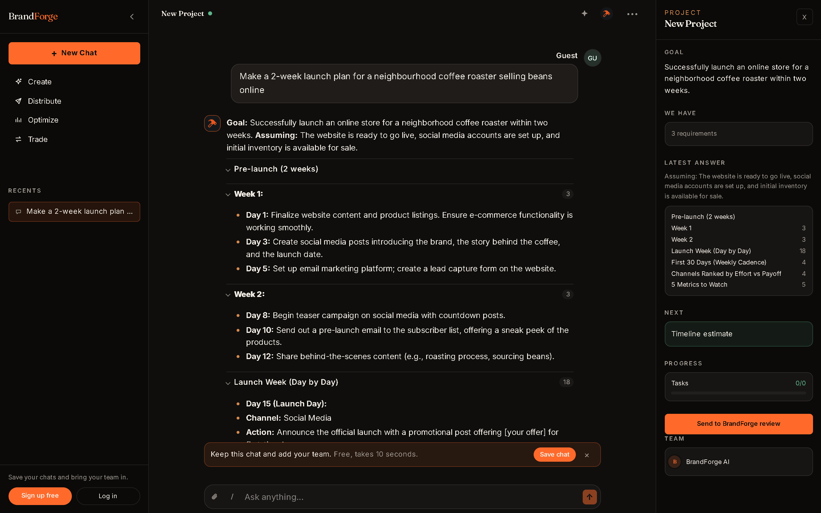 A BrandForge chat with a researched two-week launch plan for a coffee roaster