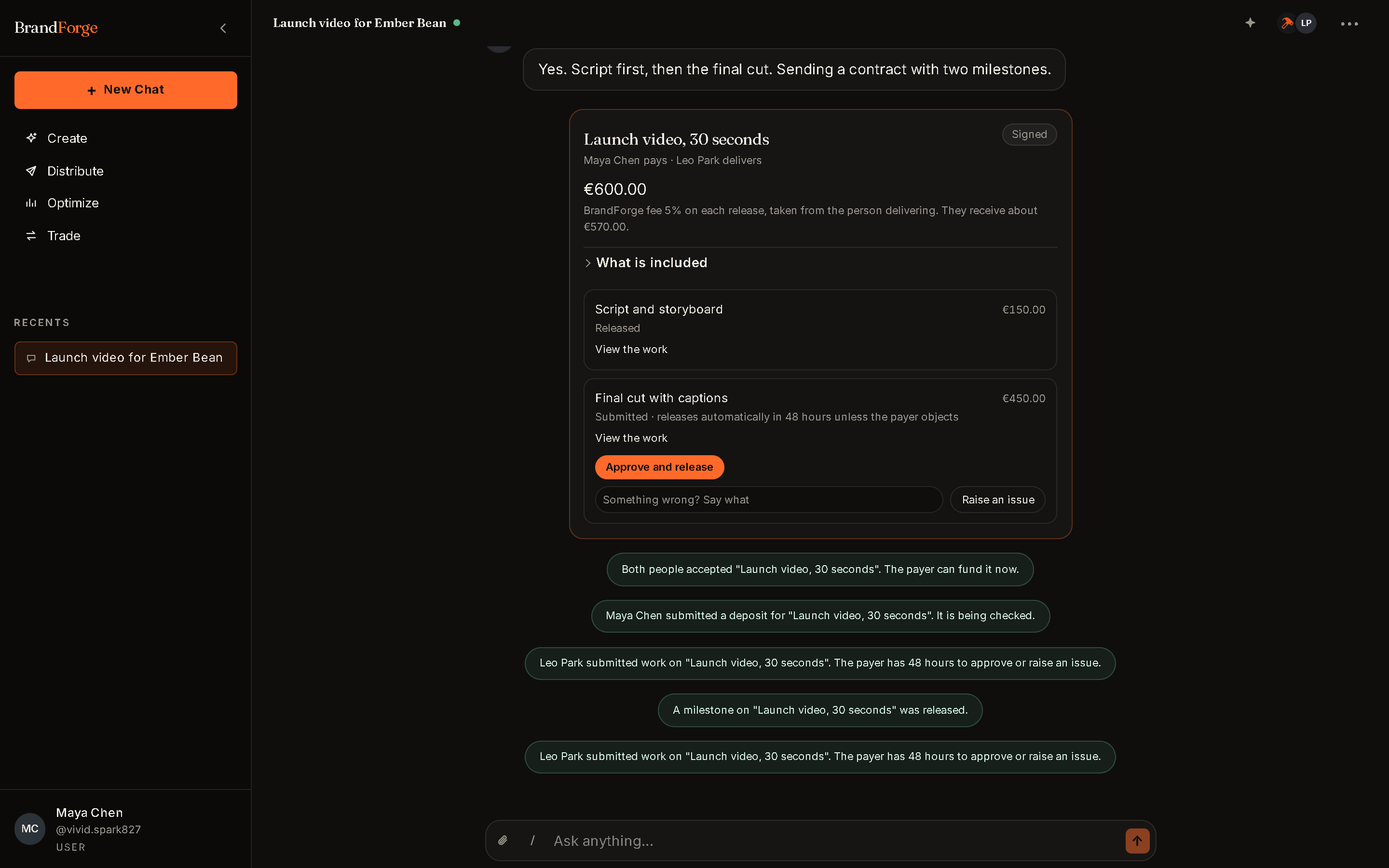 A milestone contract between two members inside a chat, one milestone released and one waiting for approval