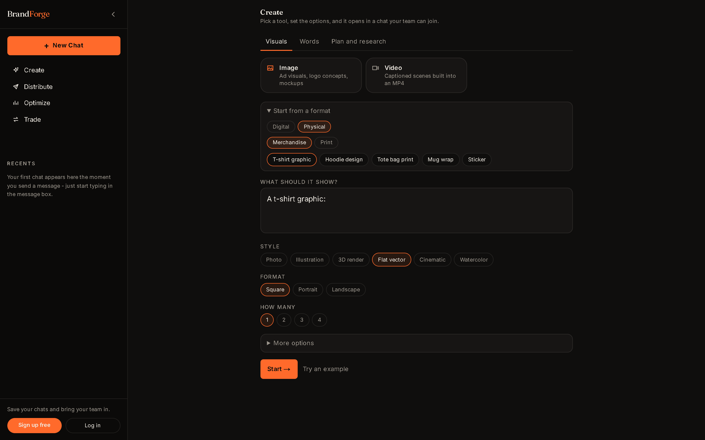 The Create page with the format picker open on merchandise and a t-shirt graphic selected