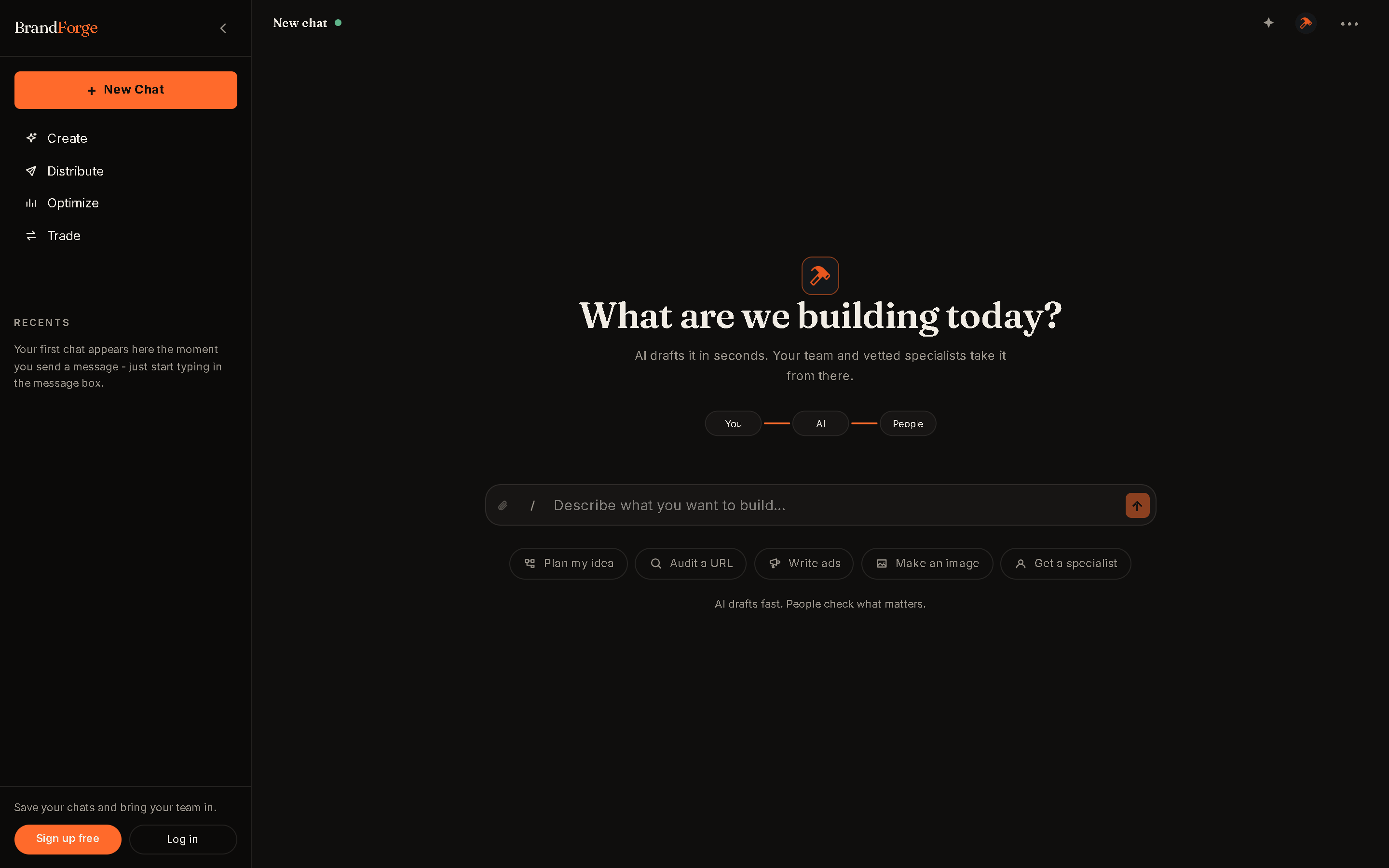 The BrandForge start screen in the Forge theme