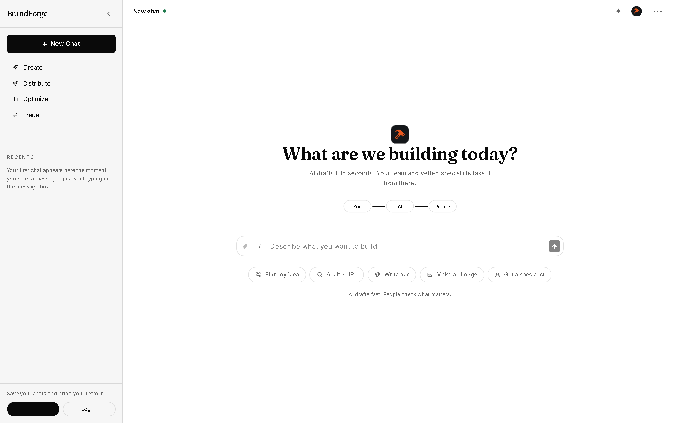 The BrandForge start screen in the Black and white theme